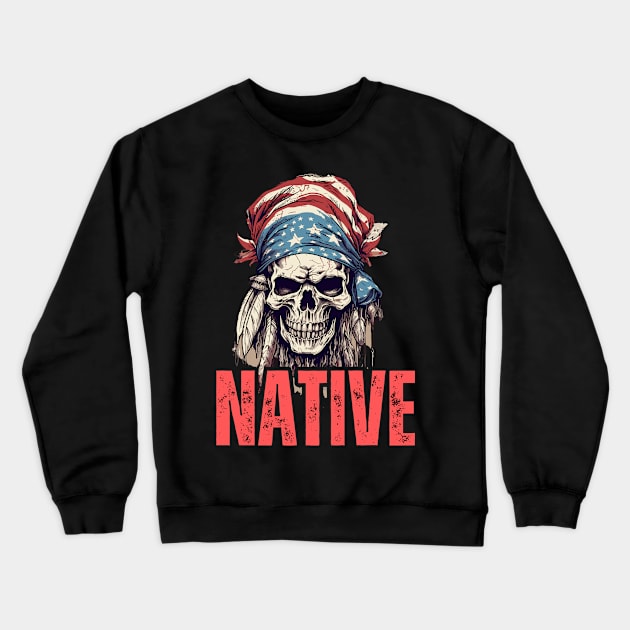 Native American Headpiece Native American Skull american Flag Crewneck Sweatshirt by smartrocket